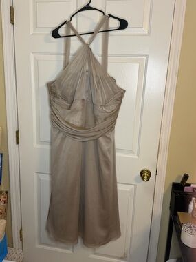 Sleeveless Halter Satin Midi Dress in Taupe A Touch of Glam Sz T24